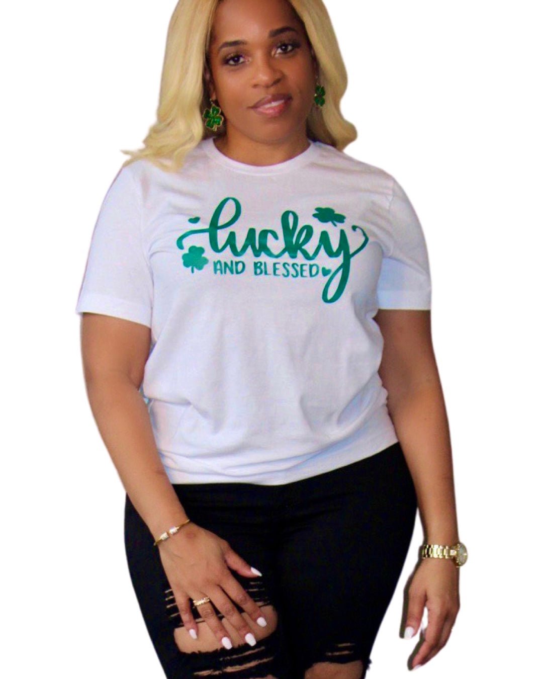 Women's White Lucky And Blessed Glitter Clover Print T Shirt
