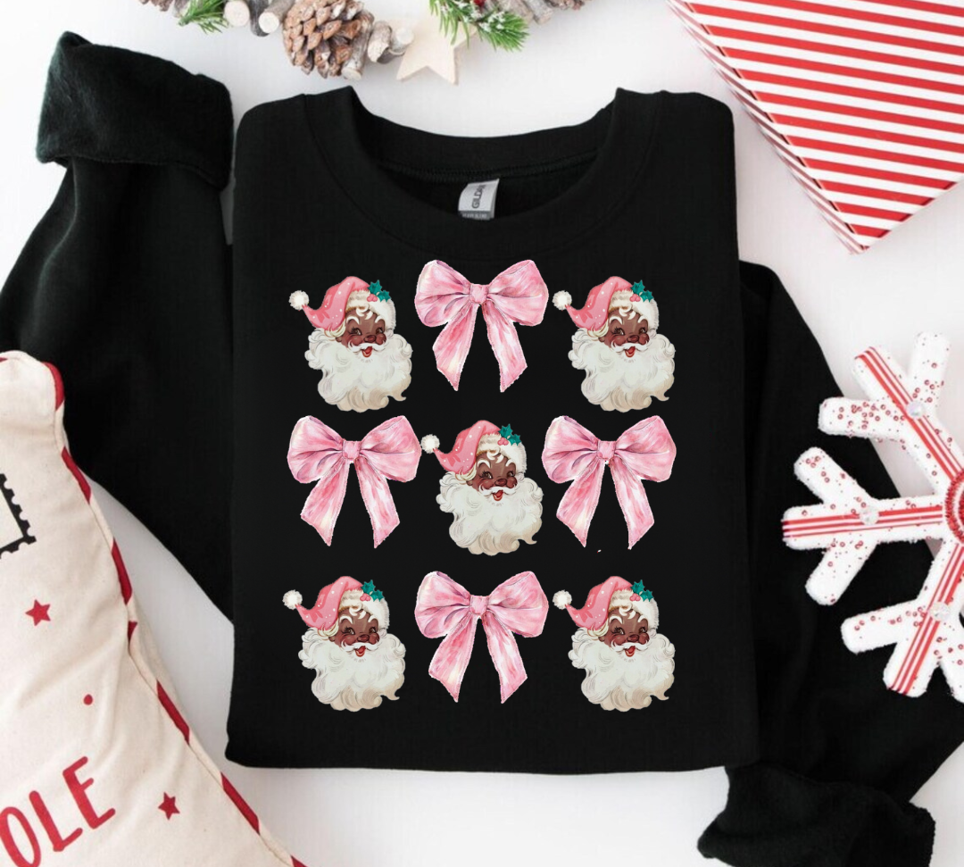 Christmas Coquette Black Santa. Bow Sweatshirt