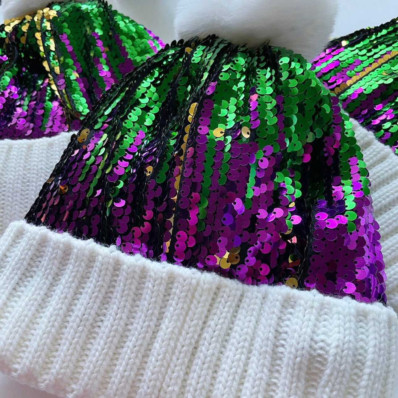 Mardi Gras Sequin Pom Pom Beanie Hat