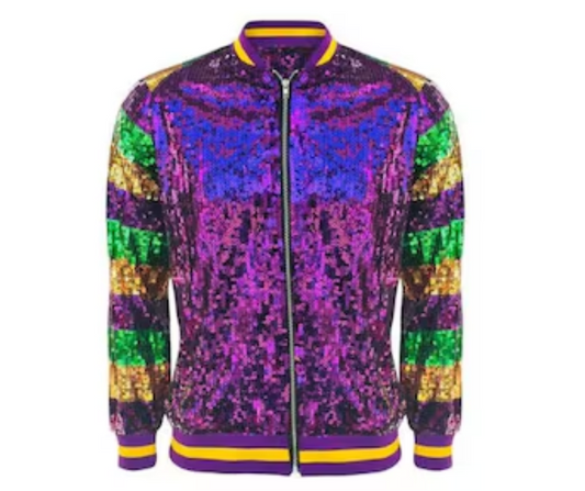 Mardi Gras Sequin Bomber Jacket/Striped Sleeves