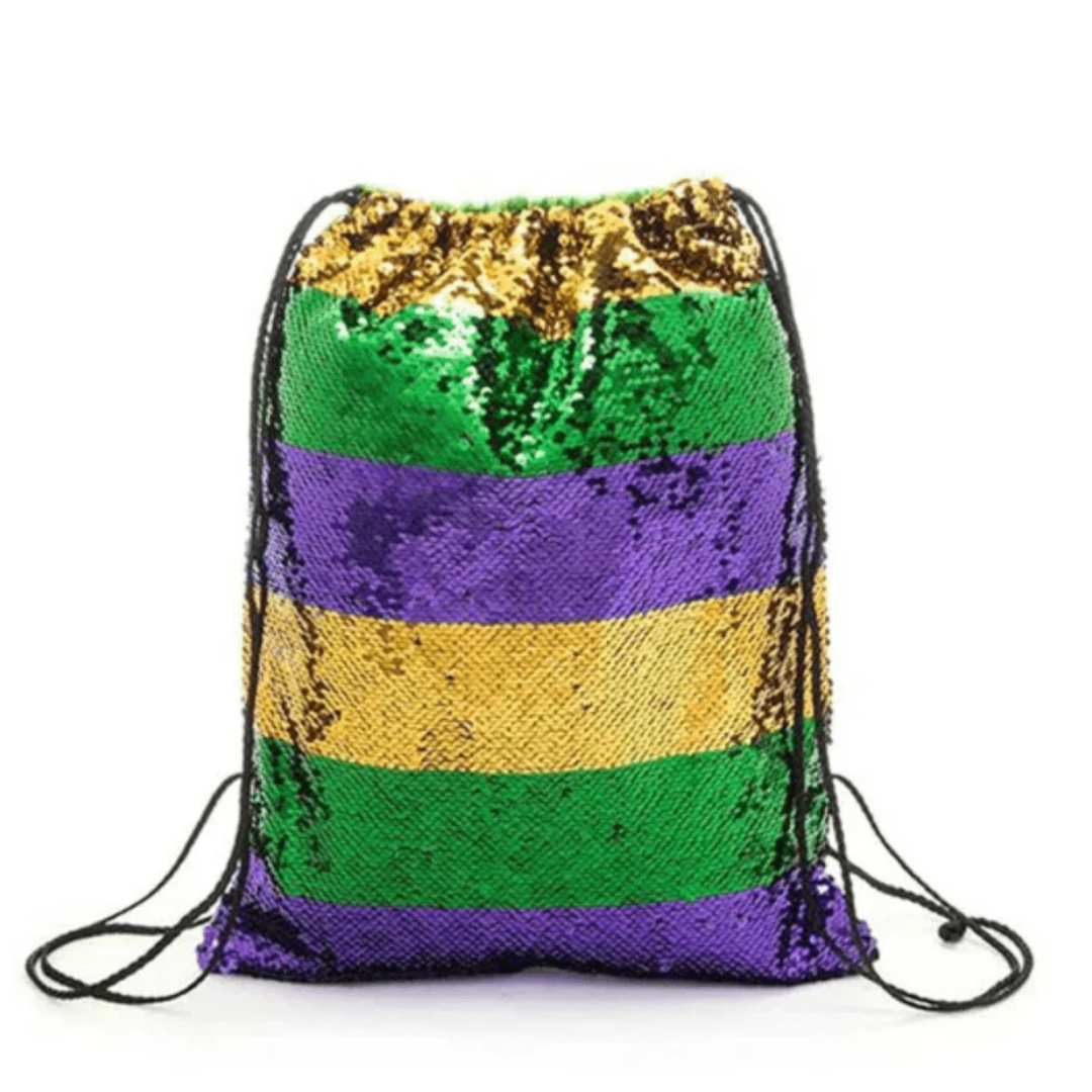 Mardi Gras Sequin Drawstring Backpack Purple Green & Gold