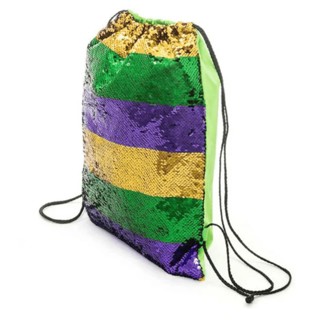 Mardi Gras Sequin Drawstring Backpack Purple Green & Gold