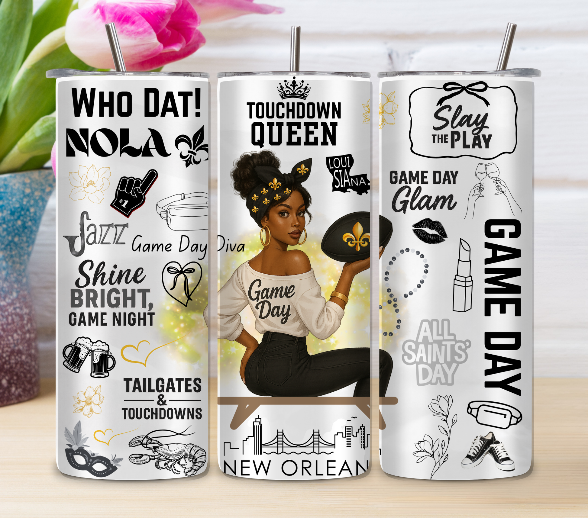 New Orleans Saints game day tumbler – Touchdown Queen design for women

Football fan stainless steel tumbler – double-wall insulated cup

Bold game day sports drinkware – Who Dat fan travel mug

Basketball glam tumbler – stylish sports cup for women fans