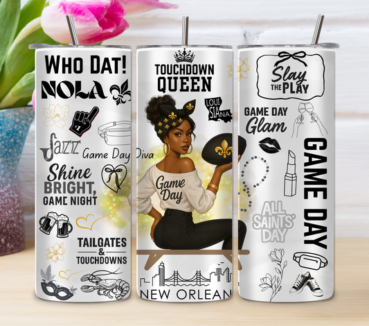 New Orleans Saints game day tumbler – Touchdown Queen design for women

Football fan stainless steel tumbler – double-wall insulated cup

Bold game day sports drinkware – Who Dat fan travel mug

Basketball glam tumbler – stylish sports cup for women fans