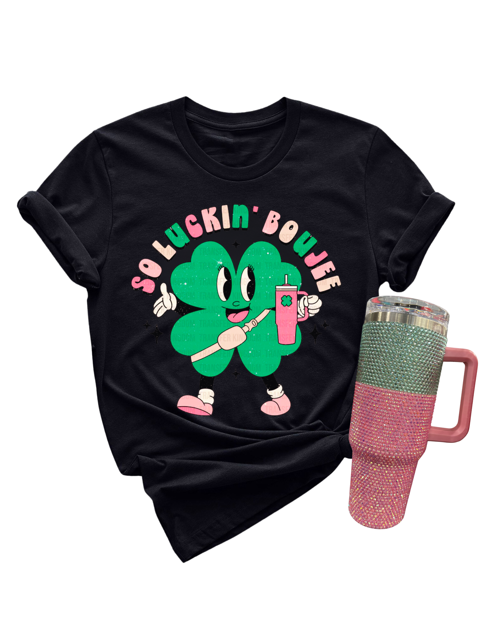 So Luckin Boujee Top, Pink/Green Bling Tumbler Set