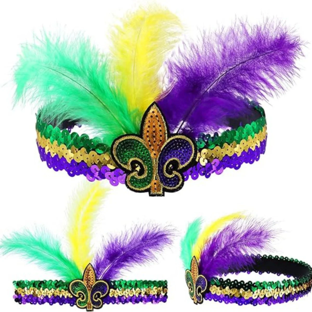 Fleur De Lis Sequin Feather Mardi Gras Headband