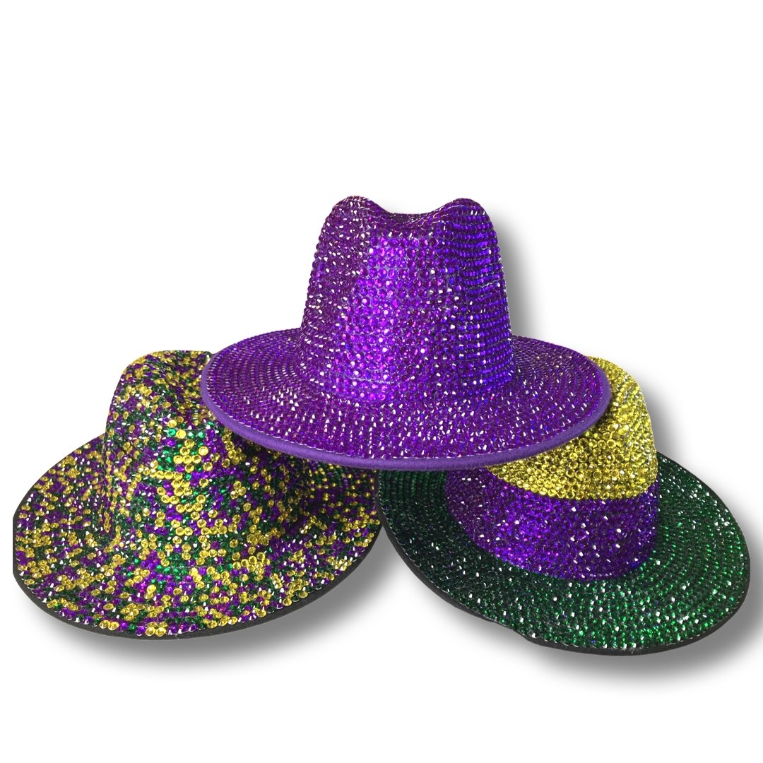 Bling Rhinestone Crystal Studded Wide Brim Fedora Hat - Mardi Gras - Shimmer Me