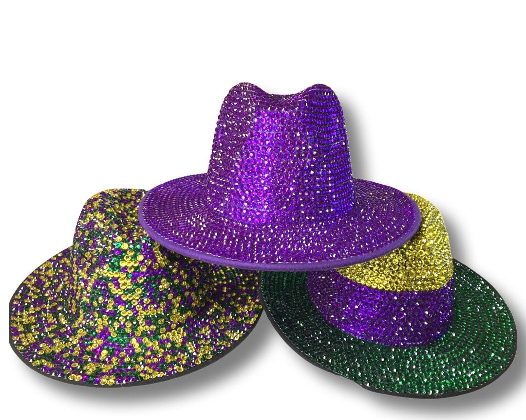 Bling Rhinestone Crystal Studded Wide Brim Fedora Hat - Mardi Gras - Shimmer Me