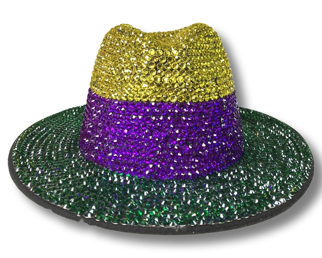 Bling Rhinestone Crystal Studded Wide Brim Fedora Hat - Mardi Gras - Shimmer Me