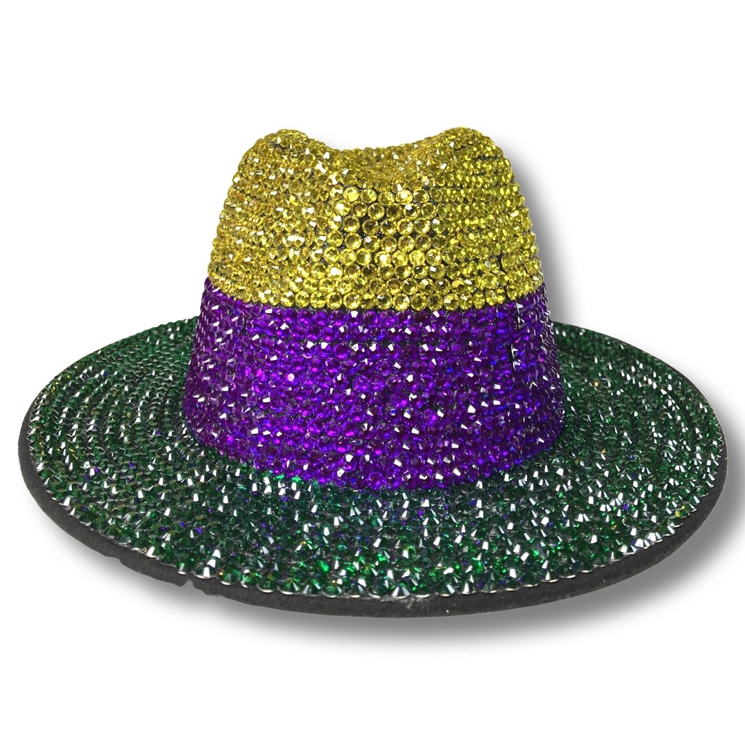 Bling Rhinestone Crystal Studded Wide Brim Fedora Hat - Mardi Gras - Shimmer Me