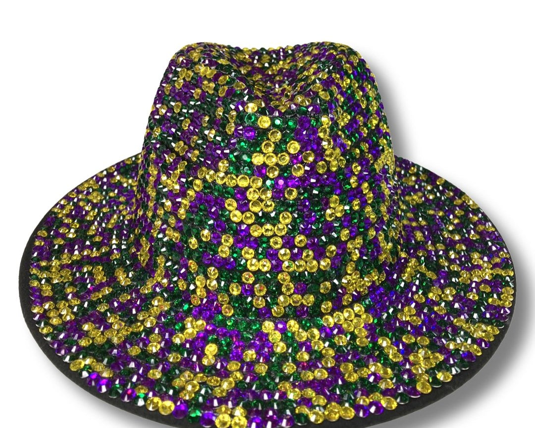 Bling Rhinestone Crystal Studded Wide Brim Fedora Hat - Mardi Gras - Shimmer Me