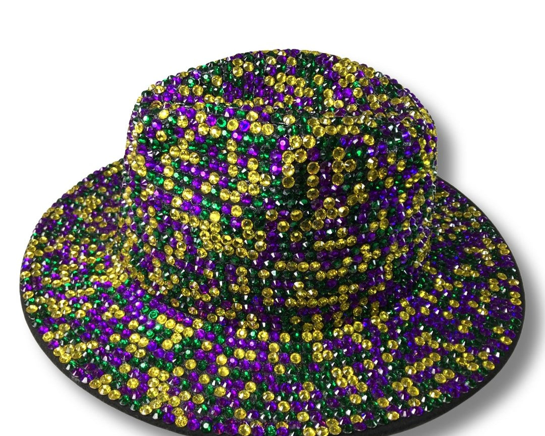 Bling Rhinestone Crystal Studded Wide Brim Fedora Hat - Mardi Gras - Shimmer Me