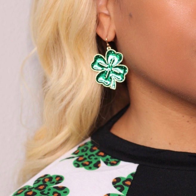 Emerald Green, Gold Outline Clover Earrings - Shimmer Me