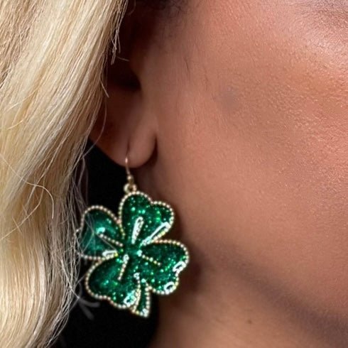 Emerald Green, Gold Outline Clover Earrings - Shimmer Me