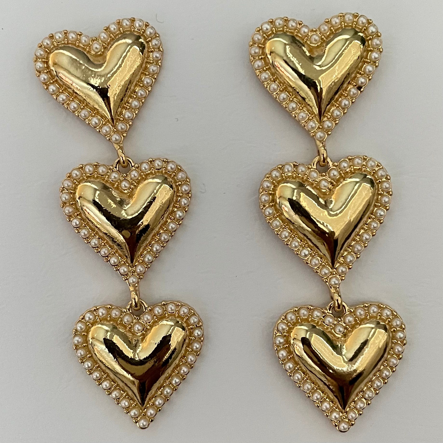 Gold Triple Heart Dangle Earrings