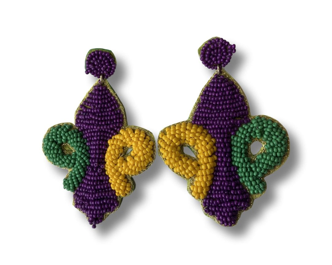 Mardi Gras Beaded Fluer De Lis Earrings - Shimmer Me