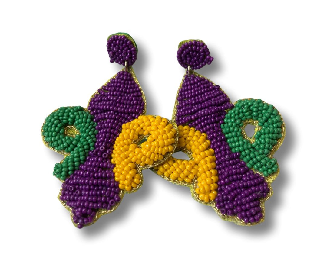 Mardi Gras Beaded Fluer De Lis Earrings - Shimmer Me