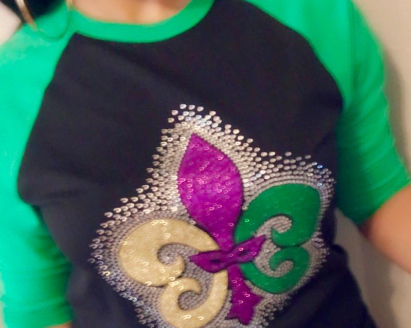 Mardi Gras Rhinestone Fleur De Lis Raglan Style T-Shirt - Shimmer Me