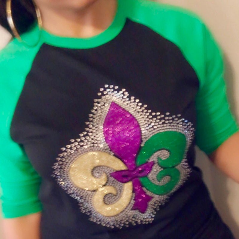 Mardi Gras Rhinestone Fleur De Lis Raglan Style T-Shirt - Shimmer Me