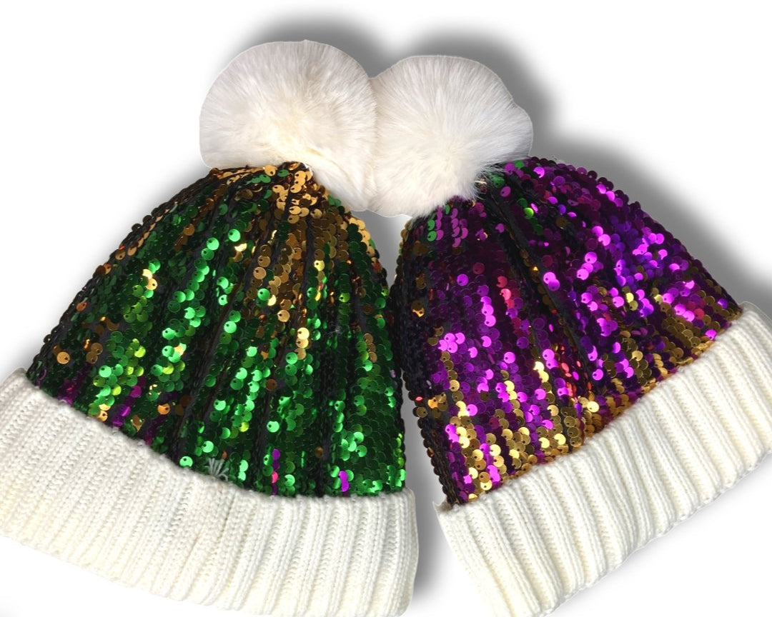 Mardi Gras Sequin Pom Pom Beanie Hat - Shimmer Me