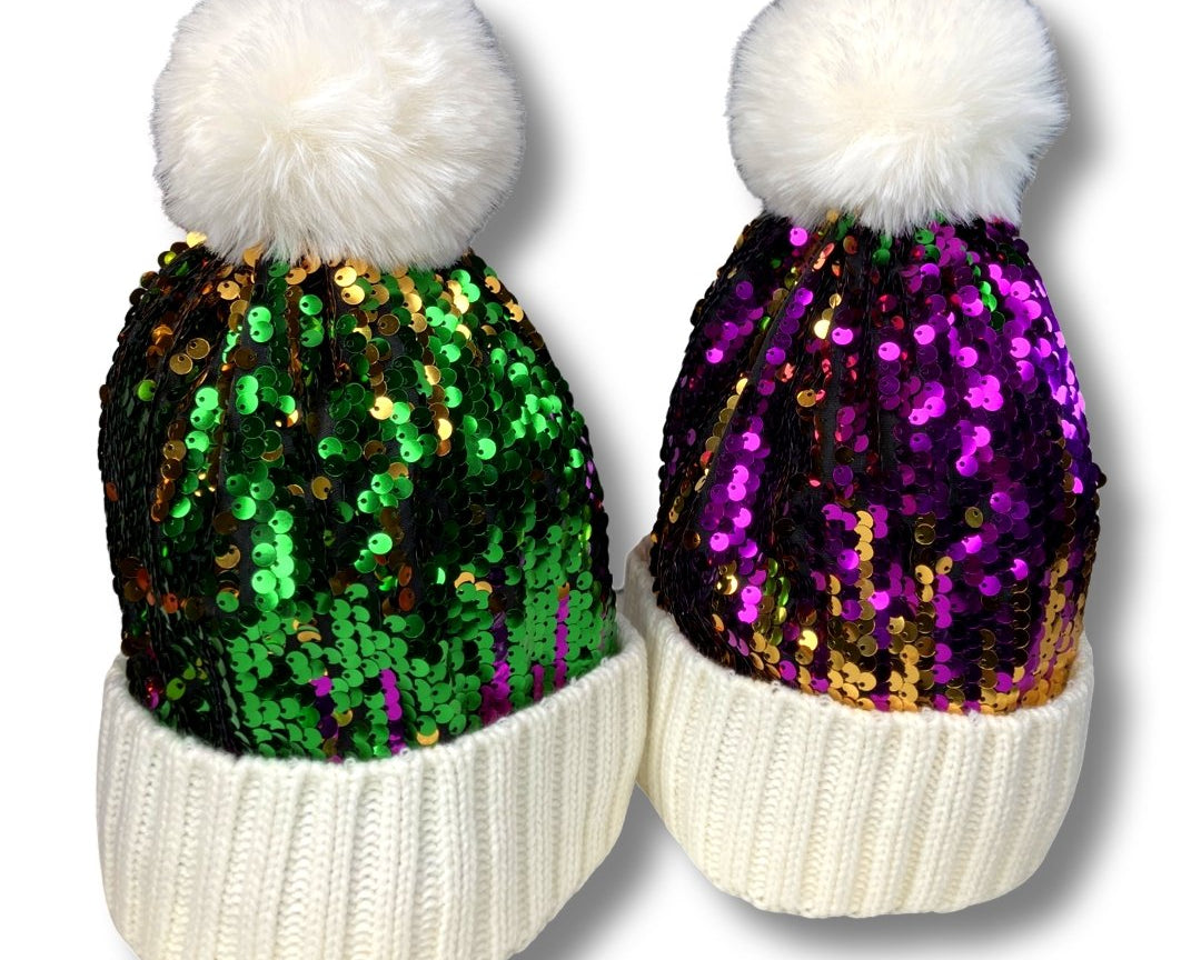 Mardi Gras Sequin Pom Pom Beanie Hat - Shimmer Me