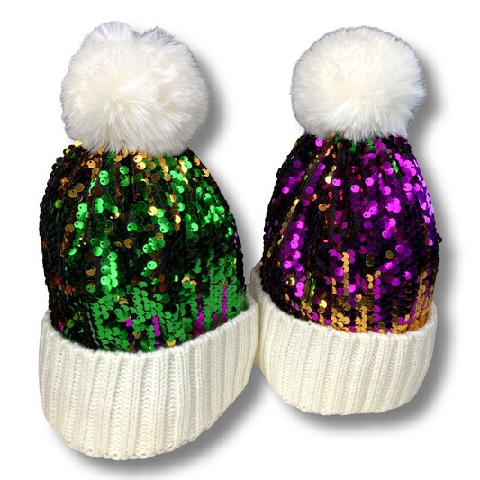 Mardi Gras Sequin Pom Pom Beanie Hat - Shimmer Me