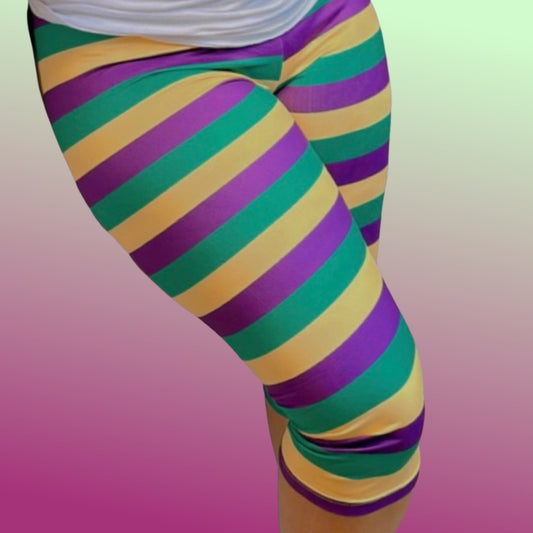 MARDI GRAS STRIPED CAPRI LEGGINGS ADULT - Shimmer Me