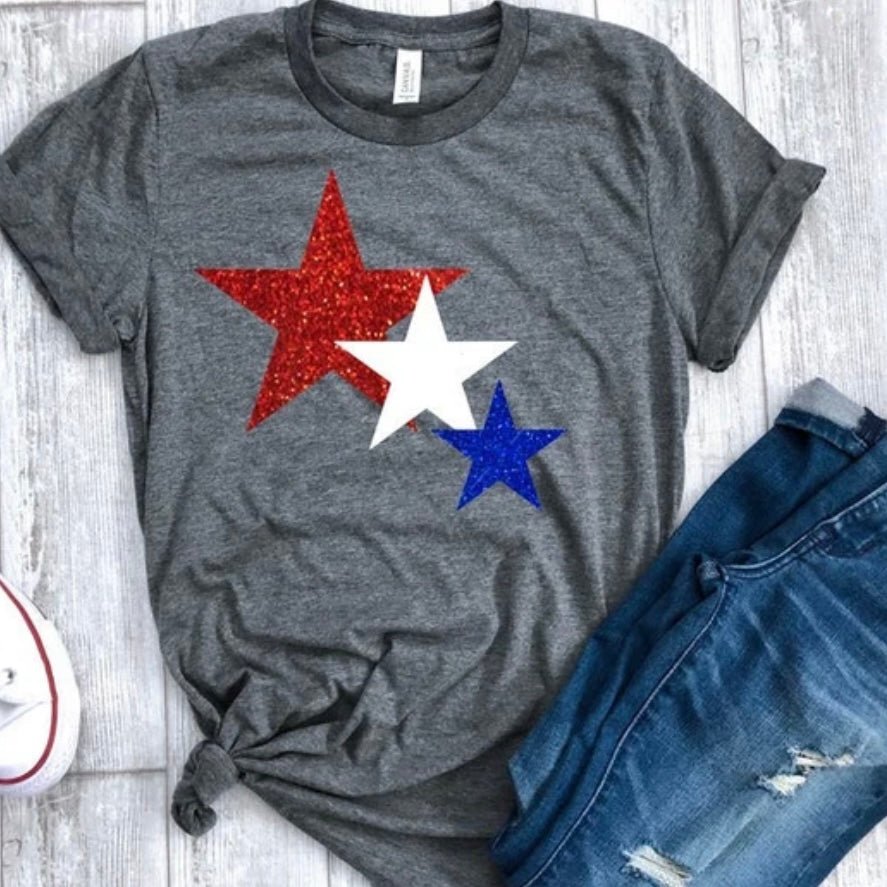 Red White & Blue Triple Star T-Shirt - Shimmer Me